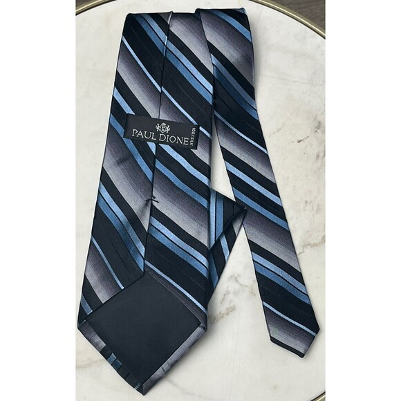 PAUL DIONE Tie 100% Silk Blue Black Diagonal Stripe Necktie Long 65” Handmade - Picture 4 of 4